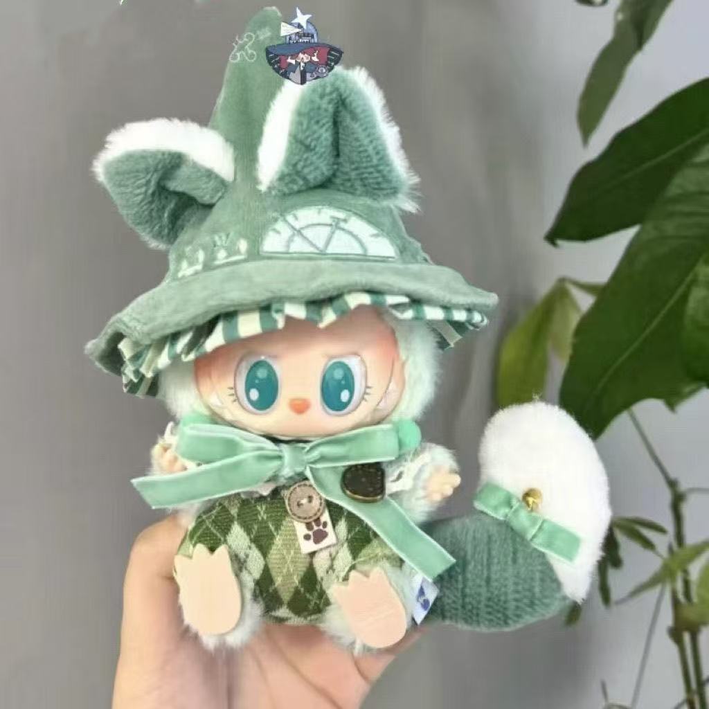 Forest Wizard Full Outfit Set for Labubu 17cm - Sage Green Magical Cat Costume with Hat - front view | KikiBuddies