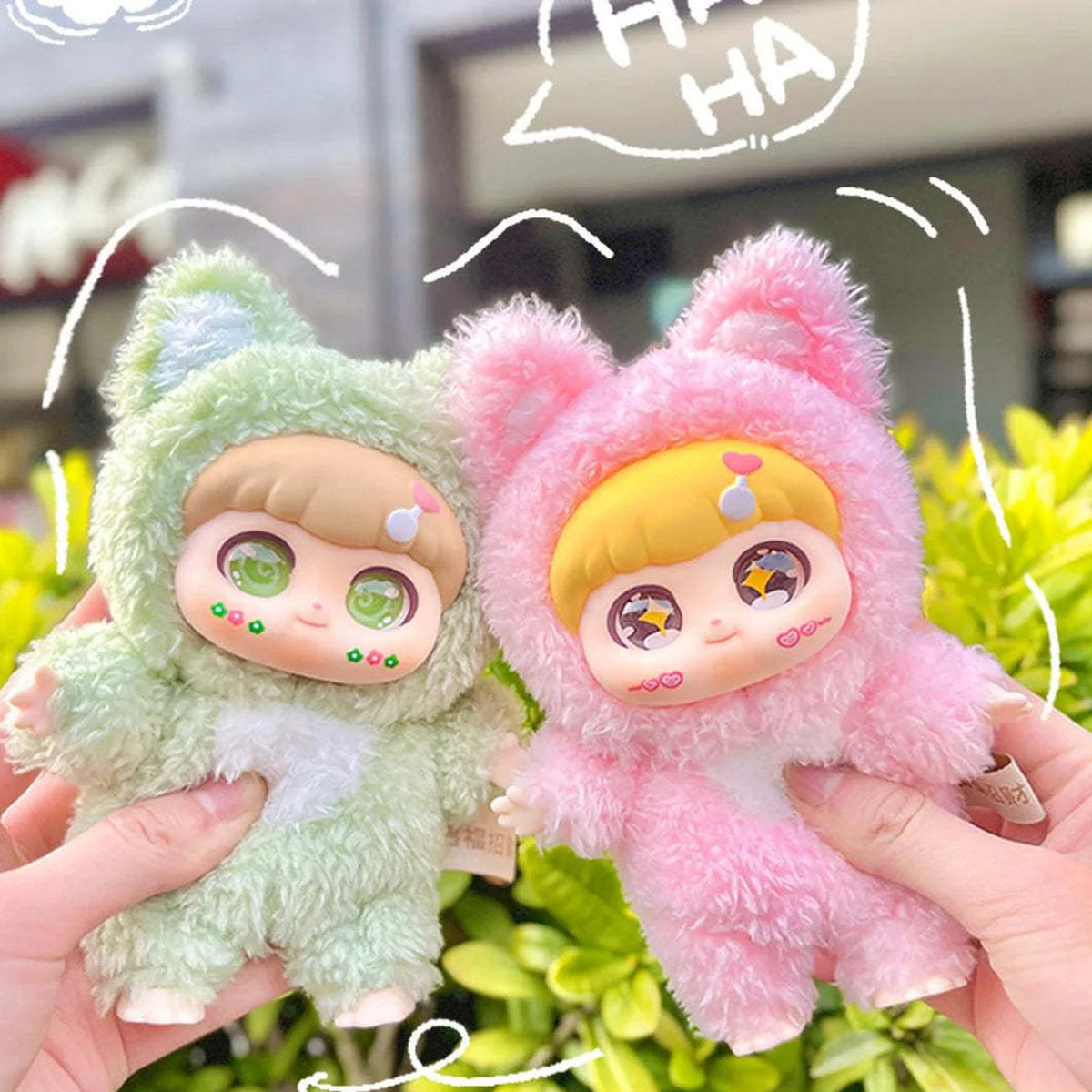 FuFu Zhao Cai Fox Series Plush Dolls, Blind Box - Complete green and pink fox-hood plush comparison; random design not guaranteed