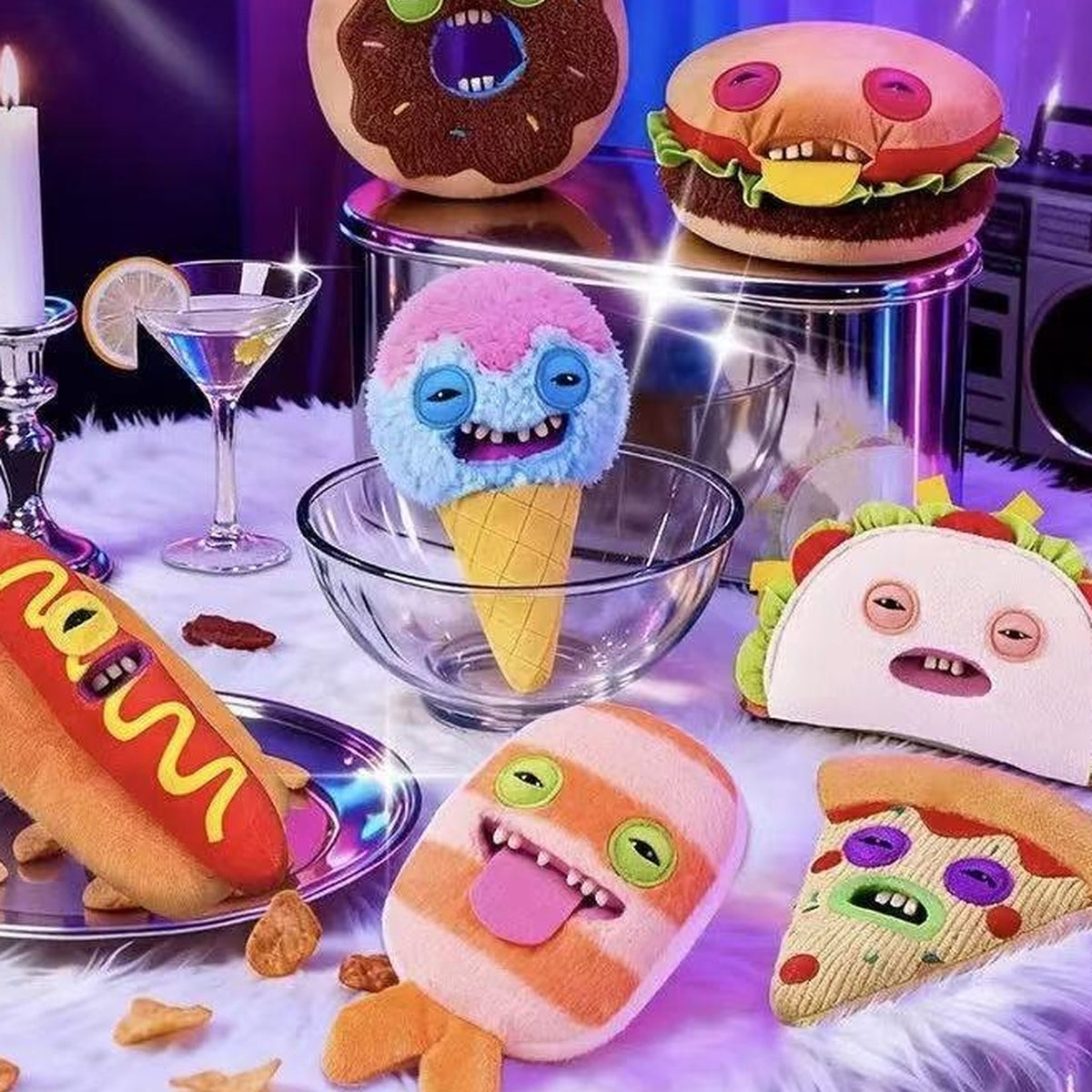 Fuggler Fuggalicious Series Plush Pendant Blind Box - Series overview with complete central plush pendant examples; food and table props not included; random design not guaranteed
