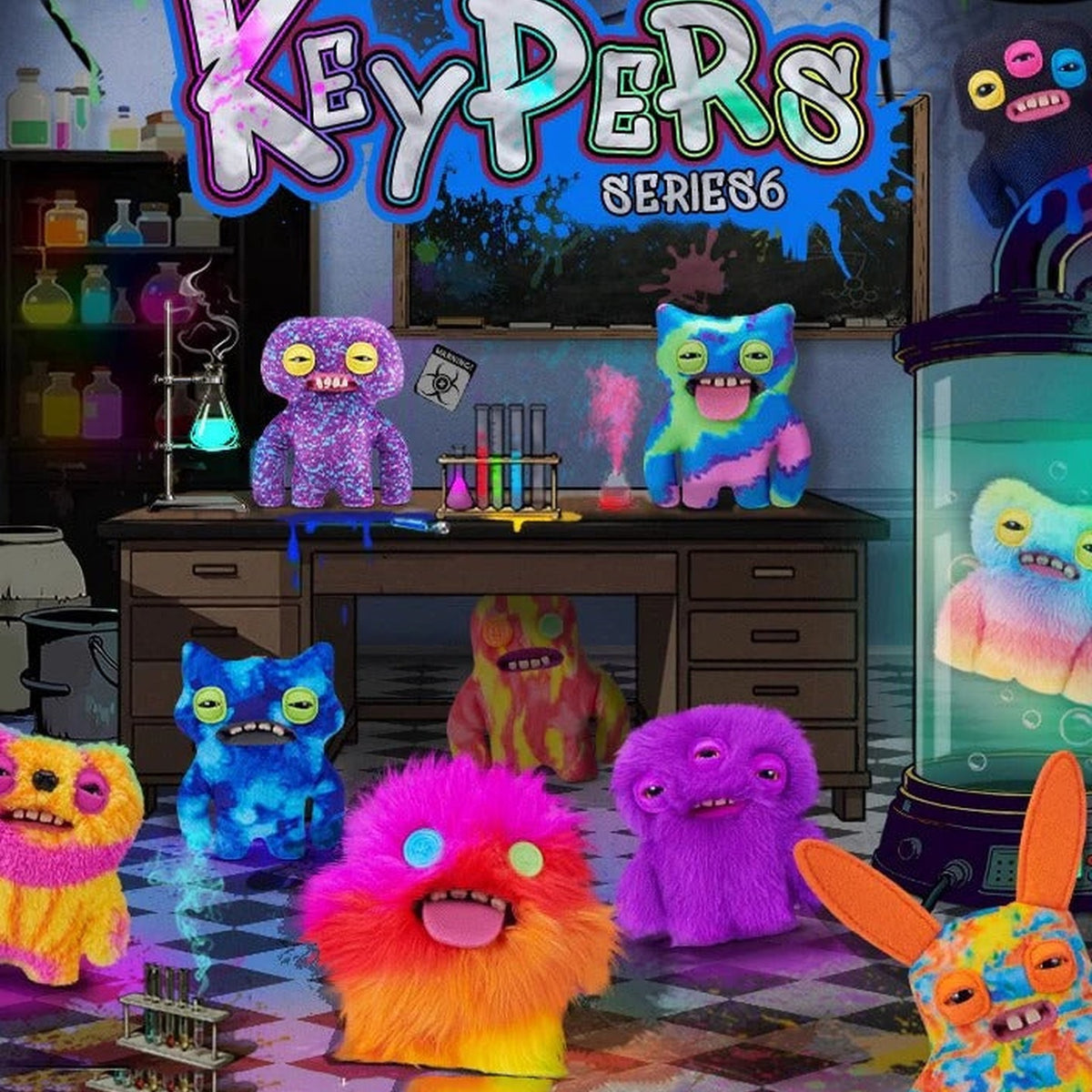 Fuggler Funny Ugly Monster Keypers V6 Series Plush Key Chain Dolls, Blind Box - Laboratory series scene overview; random design not guaranteed