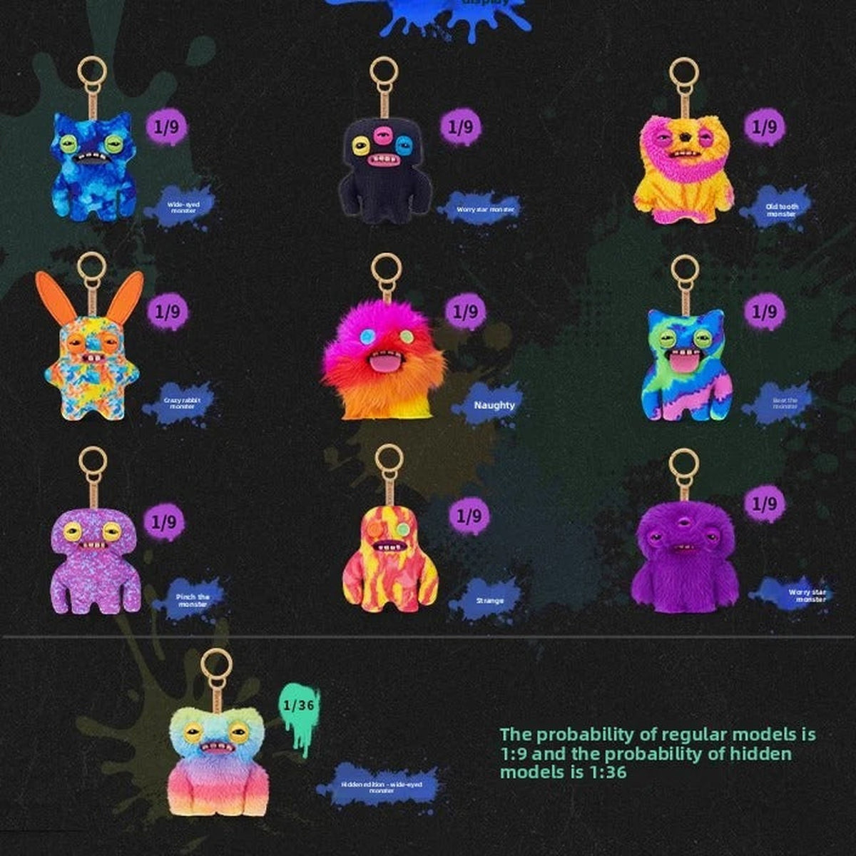Fuggler Funny Ugly Monster Keypers V6 Series Plush Key Chain Dolls, Blind Box - Regular and secret design overview; random design not guaranteed