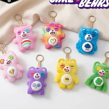 Fuggler x Care Bears Series Plush Pendant Blind Box - Care Bears collaboration group display with complete central plush pendant examples; random design not guaranteed