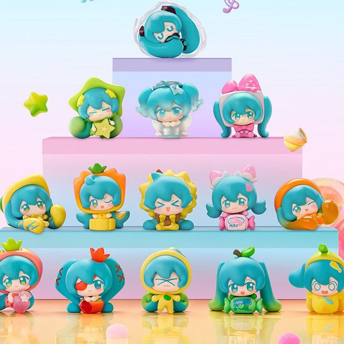 Funism Hatsune Miku Fruit Candy Series Q face Mini Figure Blind Box - Fruit candy series group with complete central mini figure examples; random design not guaranteed