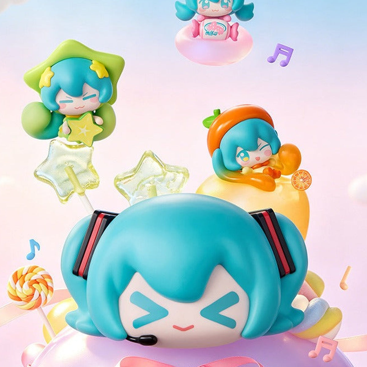 Funism Hatsune Miku Fruit Candy Series Q face Mini Figure Blind Box - Fruit candy mini figure comparison with complete central examples and upper pink example cropped; random design not guaranteed