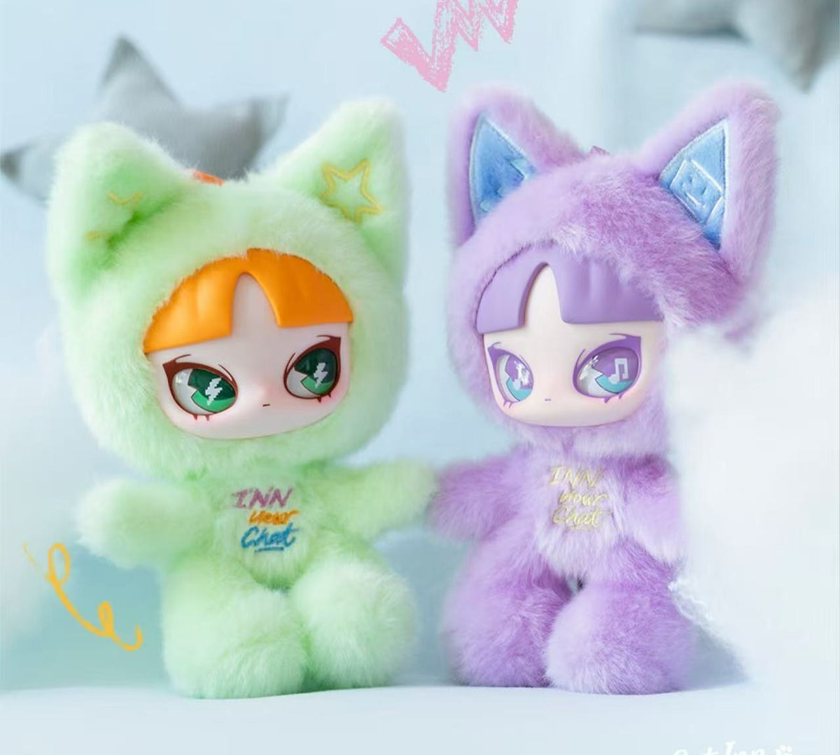 INN Cat Inn Your Chat green and purple plush design examples with complete cat ears and embroidered chest details