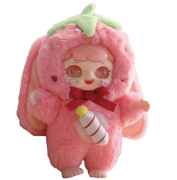 MANCHAO A Mouthful of Sweet complete pink plush design example with green head decoration, red bow and stitched front detail