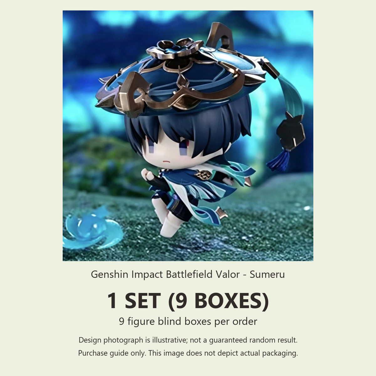 Genshin Impact Battlefield Valor - Sumeru: 9 blind boxes per set order; illustrative design photograph, not guaranteed outcome or actual packaging