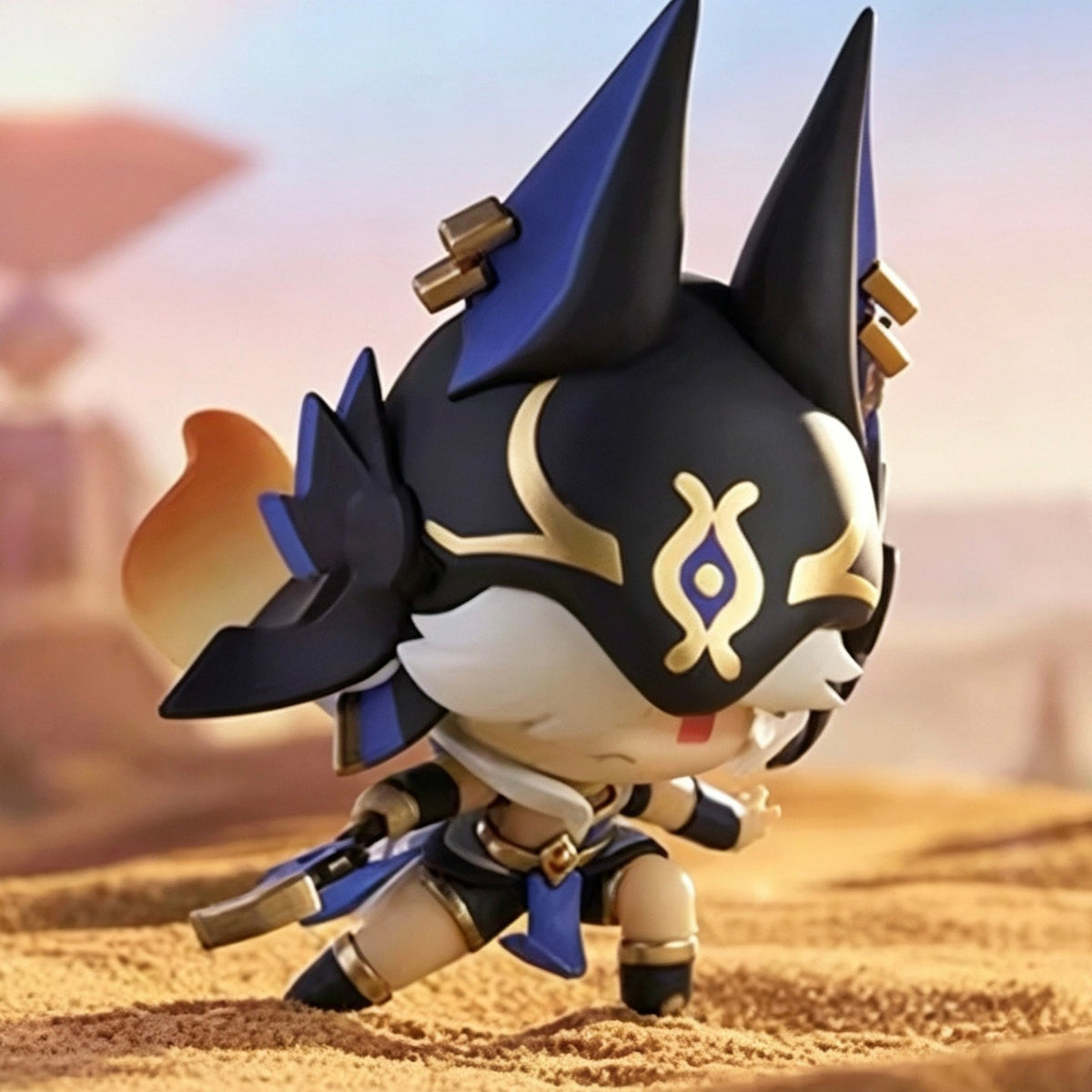 Genshin Impact Battlefield Valor - Sumeru: Cyno figure with jackal headwear in the original desert scene; random design example