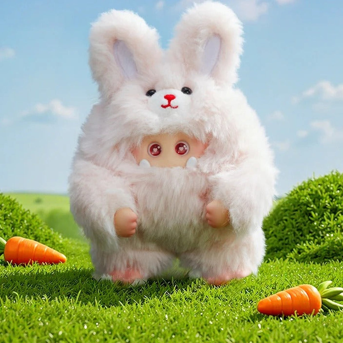 GIGGLE Monster-V2 Furry Forest Series Vinyl Plush Blind Box - Complete white rabbit-hood vinyl plush example; random design not guaranteed