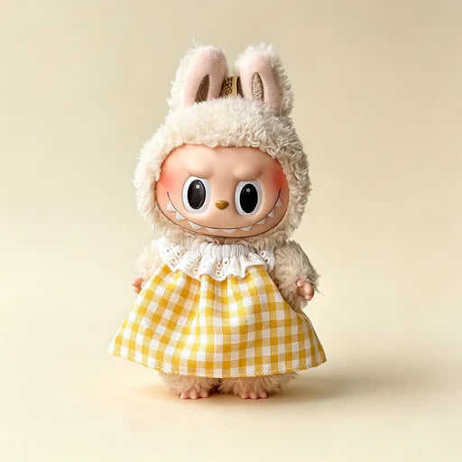 Gingham Plaid Spring Dress for Labubu 17cm - Black Gingham Check doll outfit main product card | KikiBuddies
