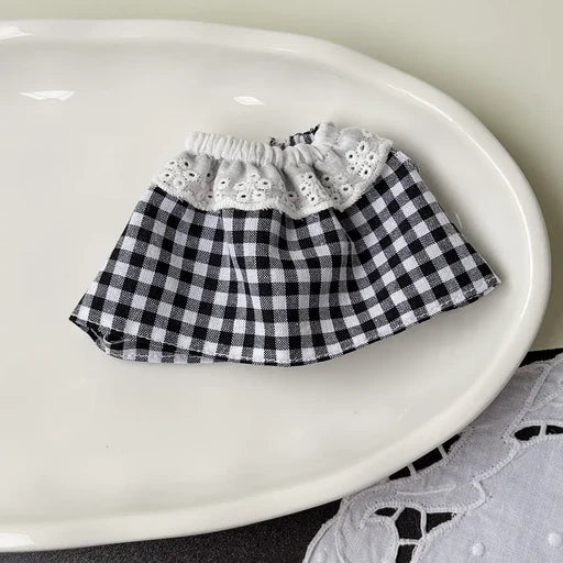 Gingham Plaid Spring Dress for Labubu 17cm - Black Gingham Check doll outfit detail view | KikiBuddies