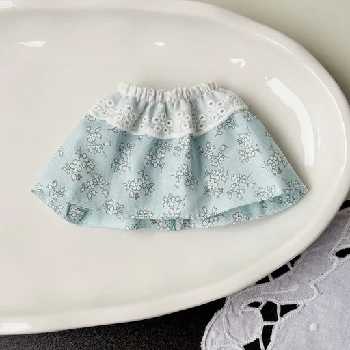 Gingham Plaid Spring Dress for Labubu 17cm - Blue Floral Sprig doll outfit detail view 5 | KikiBuddies