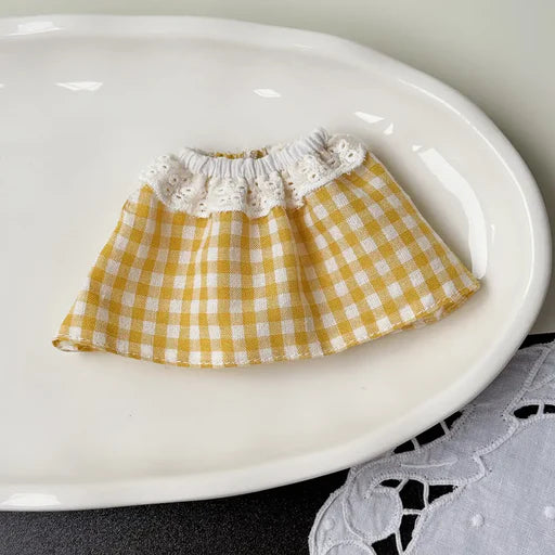 Gingham Plaid Spring Dress for Labubu 17cm - Yellow Gingham Check doll outfit front view | KikiBuddies