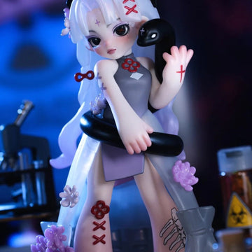 Glam Vicoco Poison Experiment Series Figures Blind Box - Pale-haired figure with black snake and purple floral accents; upper head ornaments and lower feet cropped; random design not guaranteed; display props not included