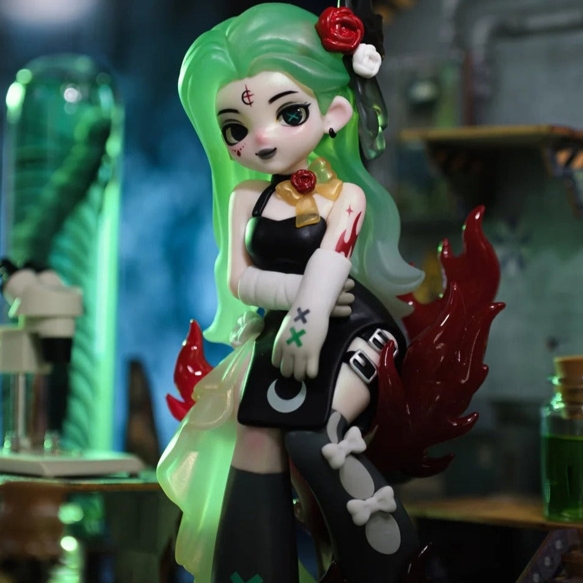 Glam Vicoco Poison Experiment Series Figures Blind Box - Green-haired figure with floral hair ornament and red side accents; lower feet cropped; random design not guaranteed; display props not included