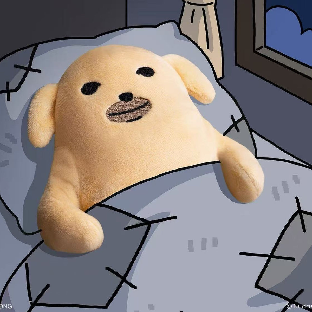 NUDAENG The Meh plush - illustrated bedside display scene; bedding not included