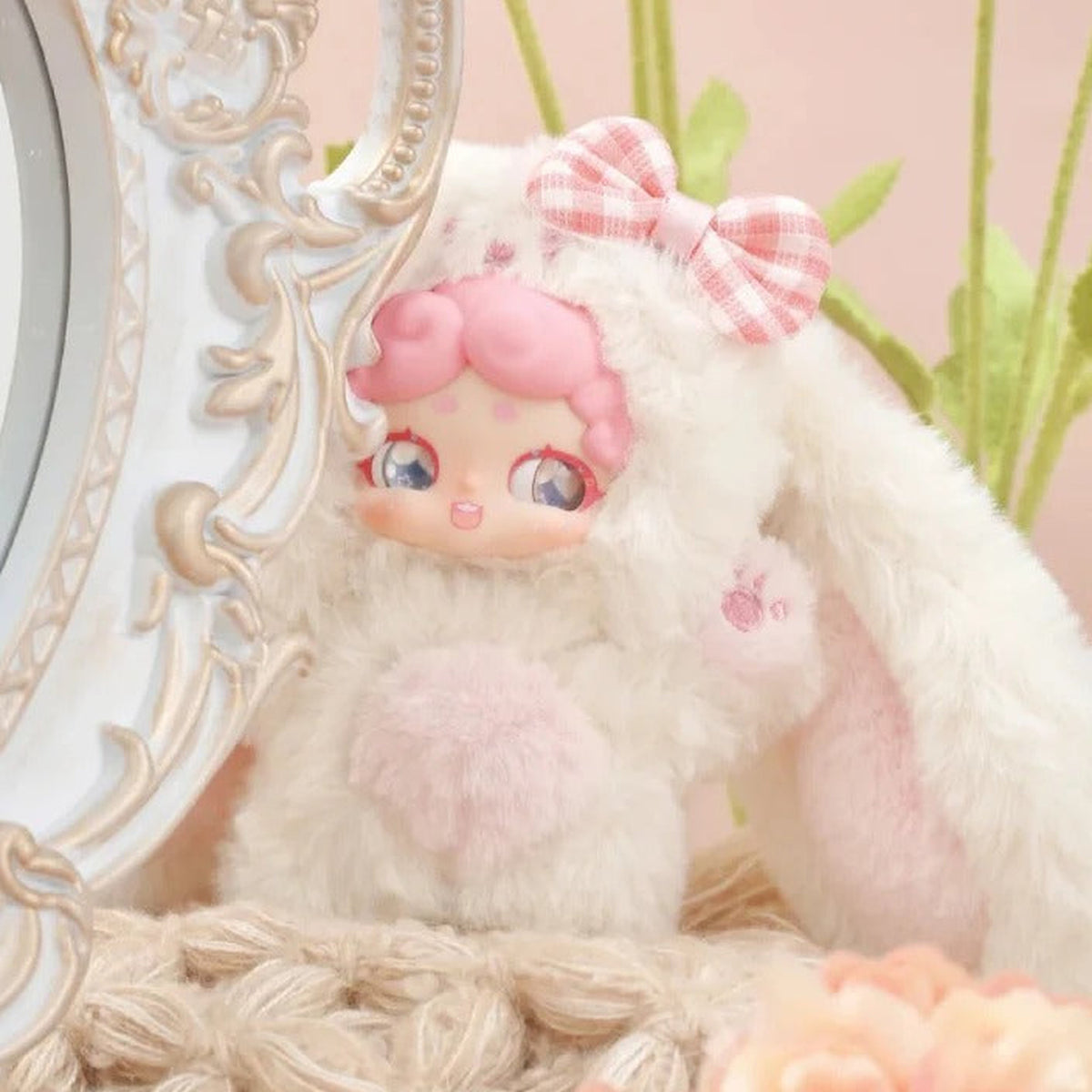 Good Night Bunny Rabbit Plush Dolls. Blind Box - White rabbit plush doll example with lower feet partly obscured; random design not guaranteed