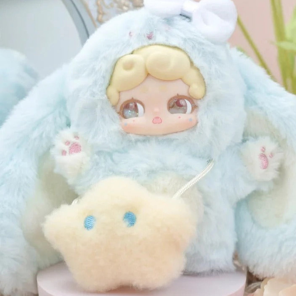 Good Night Bunny Rabbit Plush Dolls. Blind Box - Blue rabbit plush doll detail with upper bow cropped; random design not guaranteed