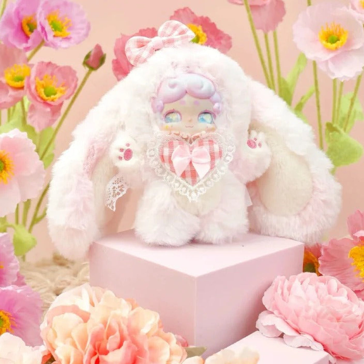 Good Night Bunny Rabbit Plush Dolls. Blind Box - Complete pink rabbit plush doll example on display block; random design not guaranteed