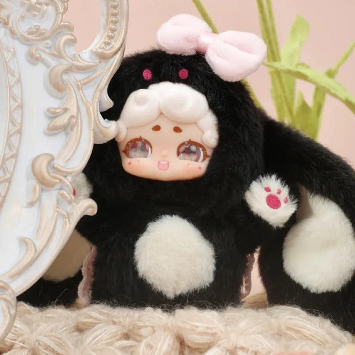 Good Night Bunny Rabbit Plush Dolls. Blind Box - Black rabbit plush doll example with lower feet partly obscured; random design not guaranteed