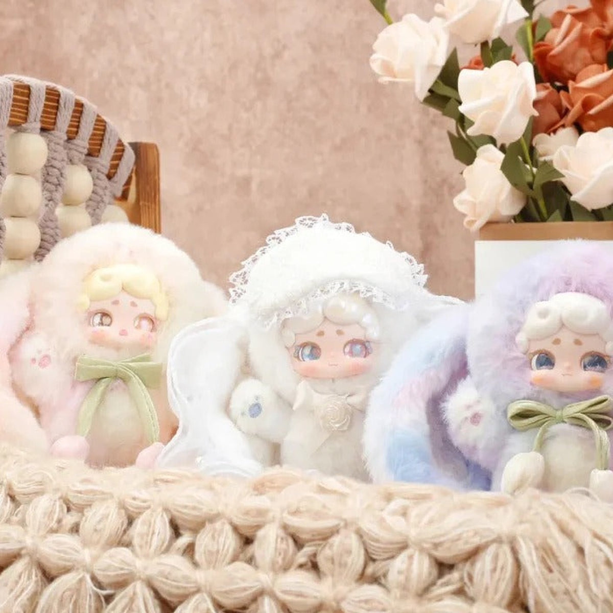 Good Night Bunny V2 Secret Garden Series Plush Blind Box - Three plush design comparison in a basket; lower bodies obscured and right design partly cropped; not guaranteed box contents; random design not guaranteed; display props not included