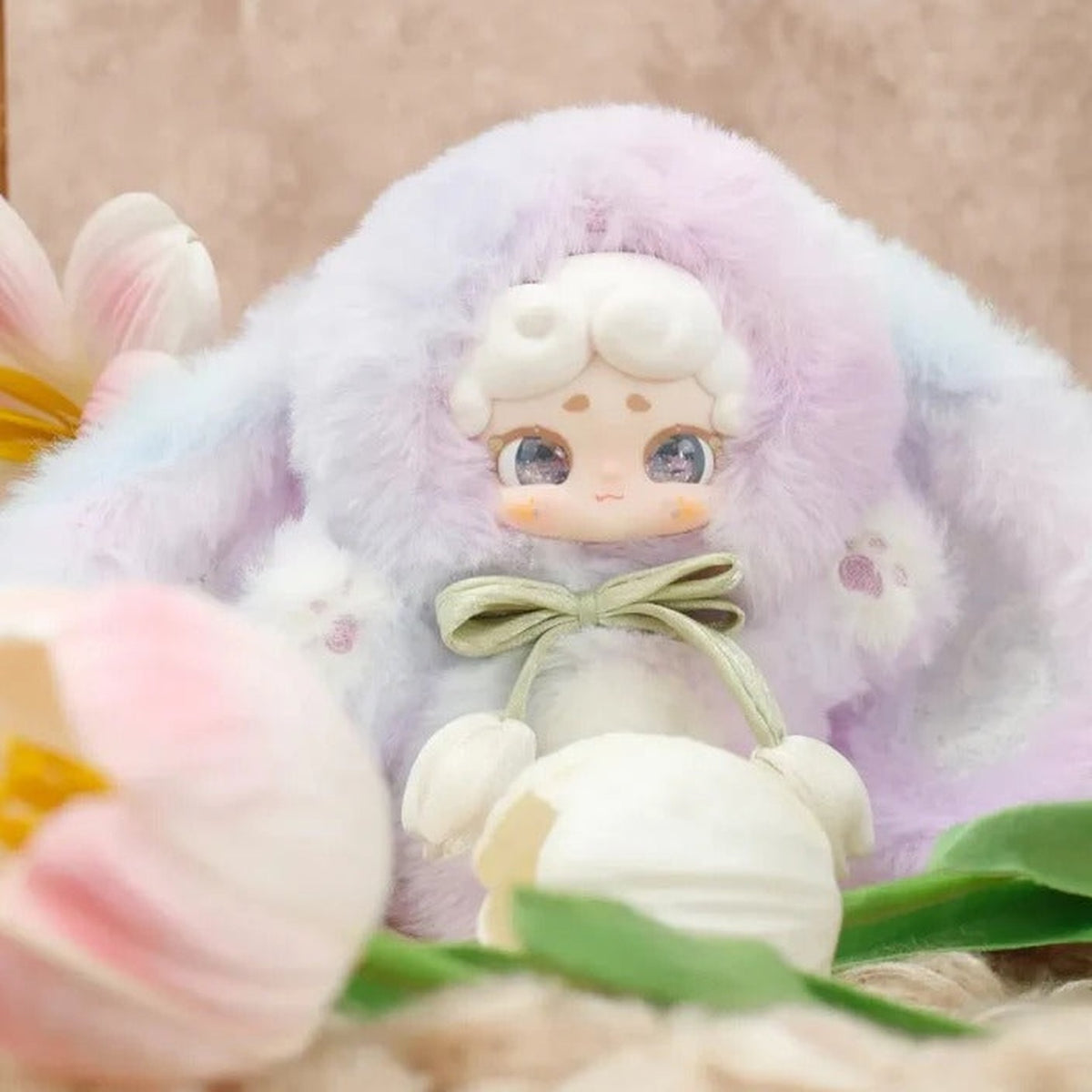 Good Night Bunny V2 Secret Garden Series Plush Blind Box - Lilac rabbit-costume plush design with pale hair and green bow; outer ear cropped and lower feet obscured by flowers; random design not guaranteed; display props not included