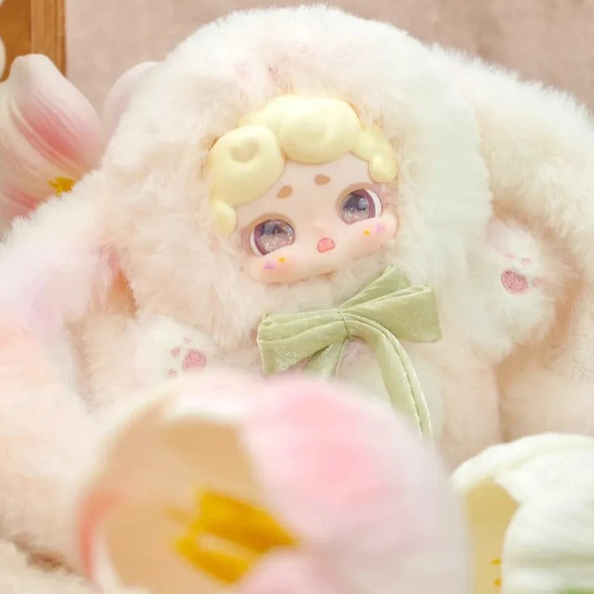 Good Night Bunny V2 Secret Garden Series Plush Blind Box - Cream rabbit-costume plush design with yellow hair and green bow; lower feet obscured by flower props; random design not guaranteed; display props not included