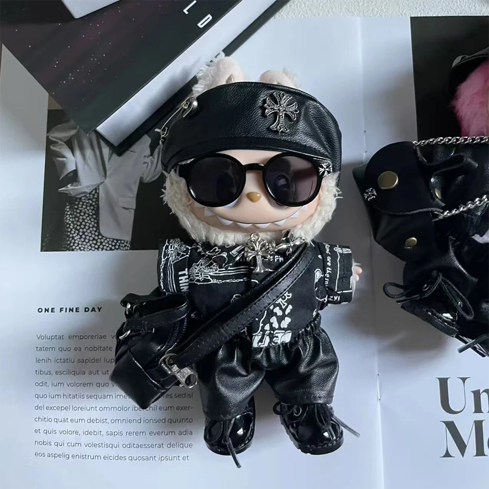 Black Rebel Leather-Look Outfit Set for Labubu - front view | KikiBuddies