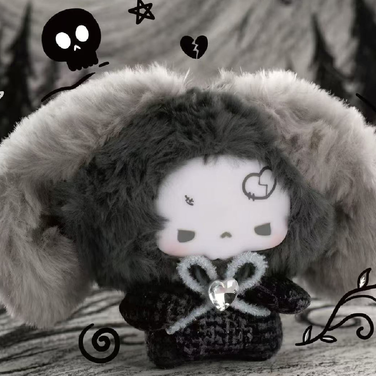 GUGU Grey-Tone Concerto Series Plush Vinyl Pendant Blind Box - Dark plush pendant detail with side ears cropped; random design not guaranteed