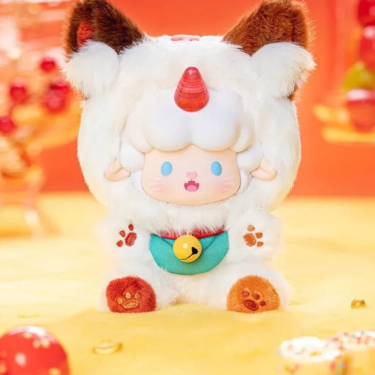 Gyun Candy Land Series Plush Pendant Blind Box - Complete white plush example with brown ears and red horn; random design not guaranteed