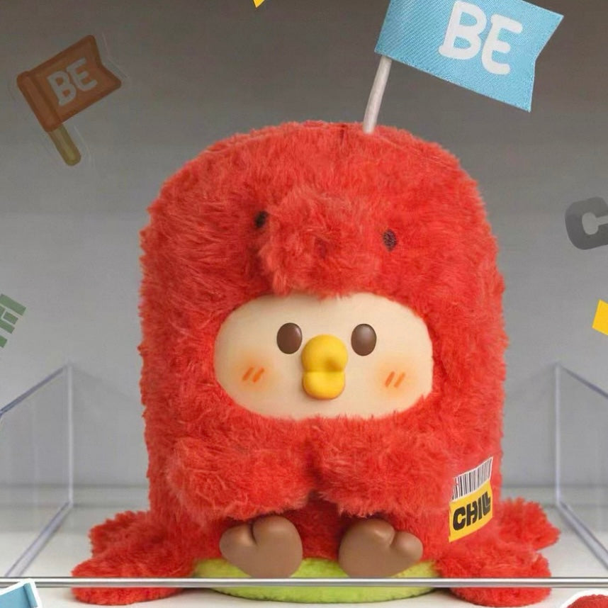 Little Parrot BEBE Foodie Club red costume plush design example with BE display flag; series example