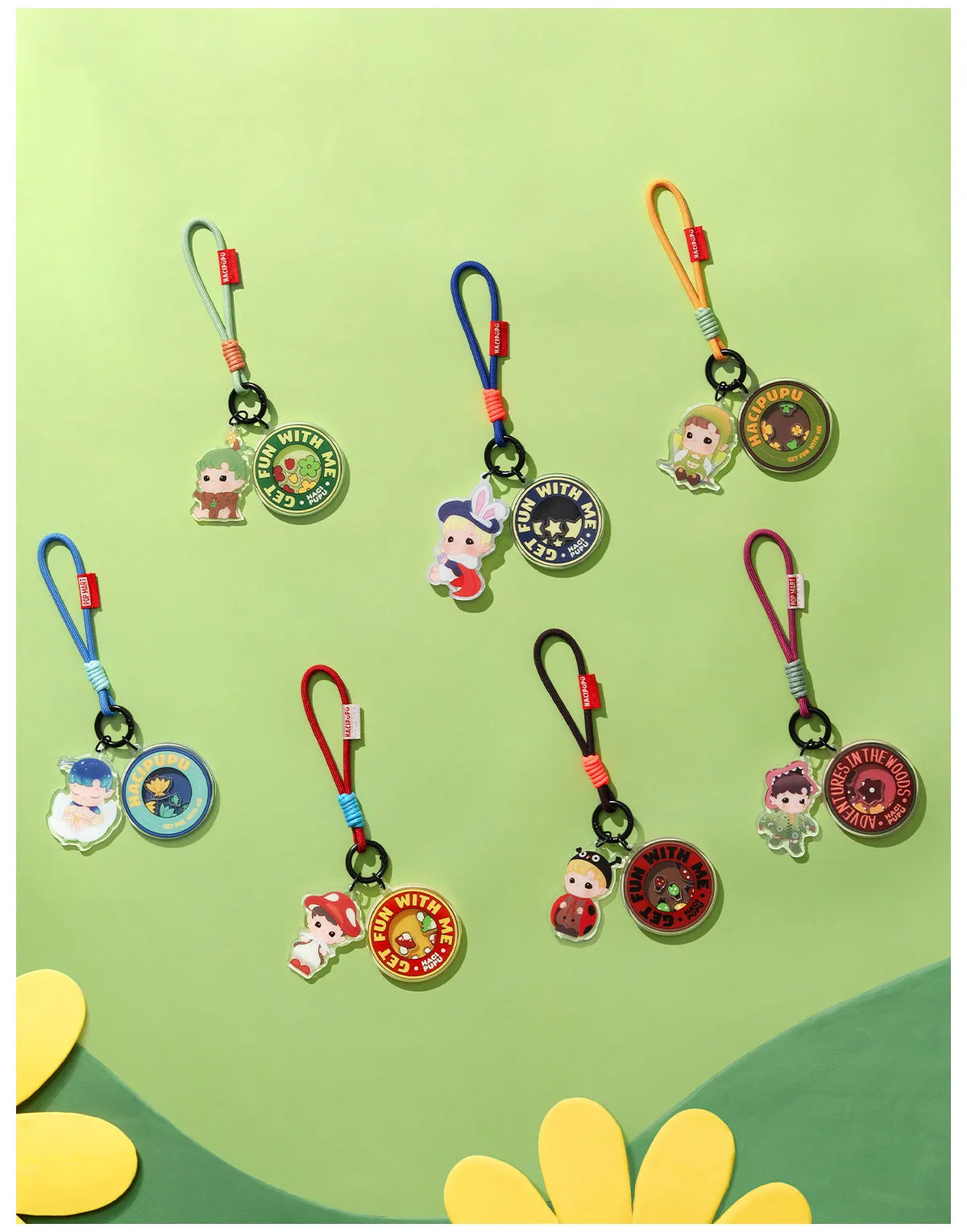 HACIPUPU Adventures In The Woods pendant design examples in a green scene; not a promised set