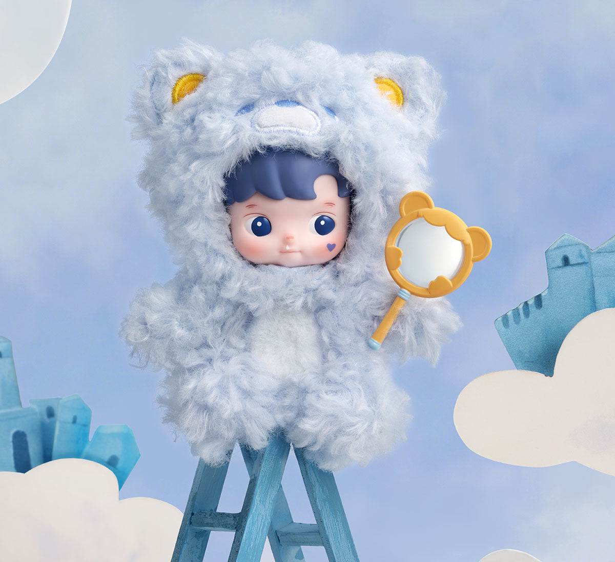 HACIPUPU Enchanted Realm Tales blind box series - design example in a blue creature costume holding a mirror