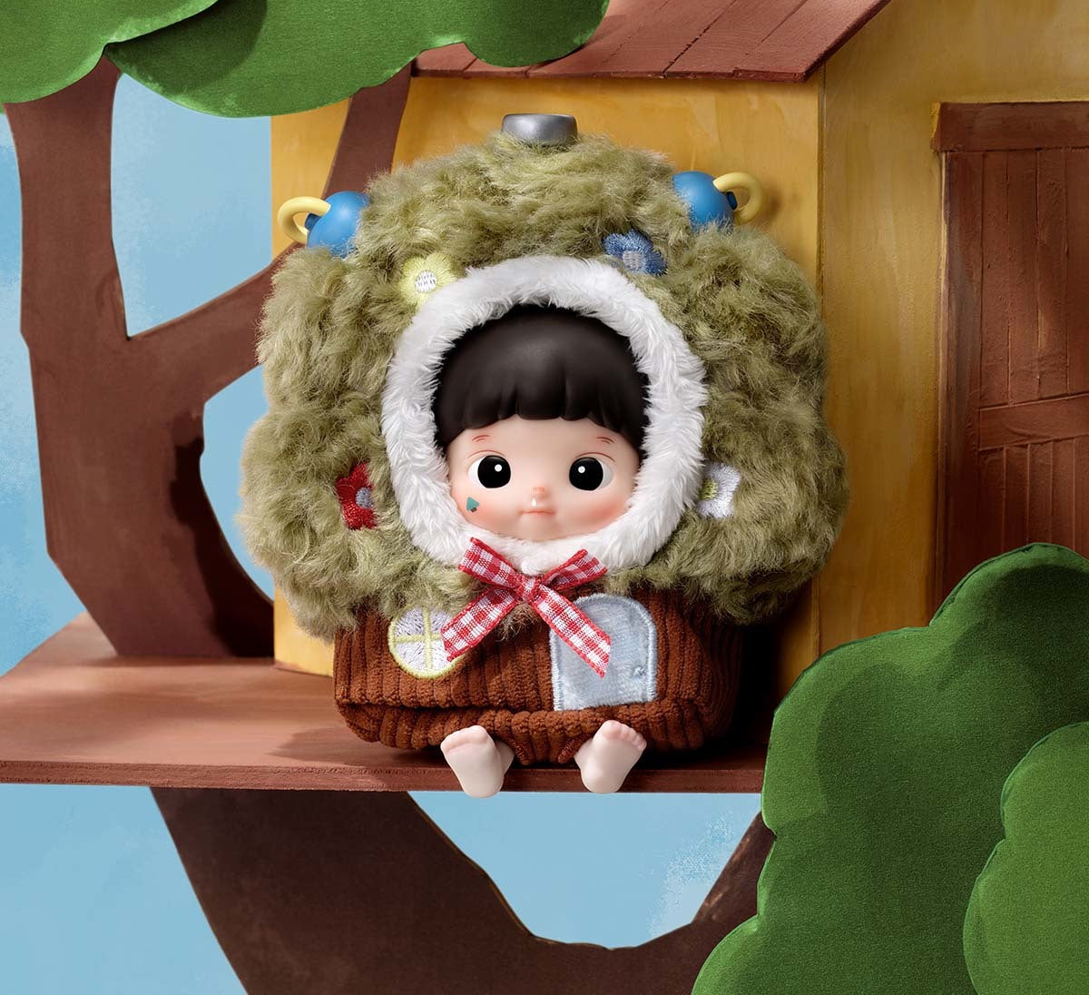 HACIPUPU Enchanted Realm Tales blind box series - design example in a green tree costume beside a treehouse