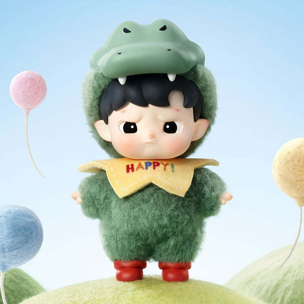 HACIPUPU Snuggle With You green dinosaur-outfit design with a yellow bib and red boots; series reference