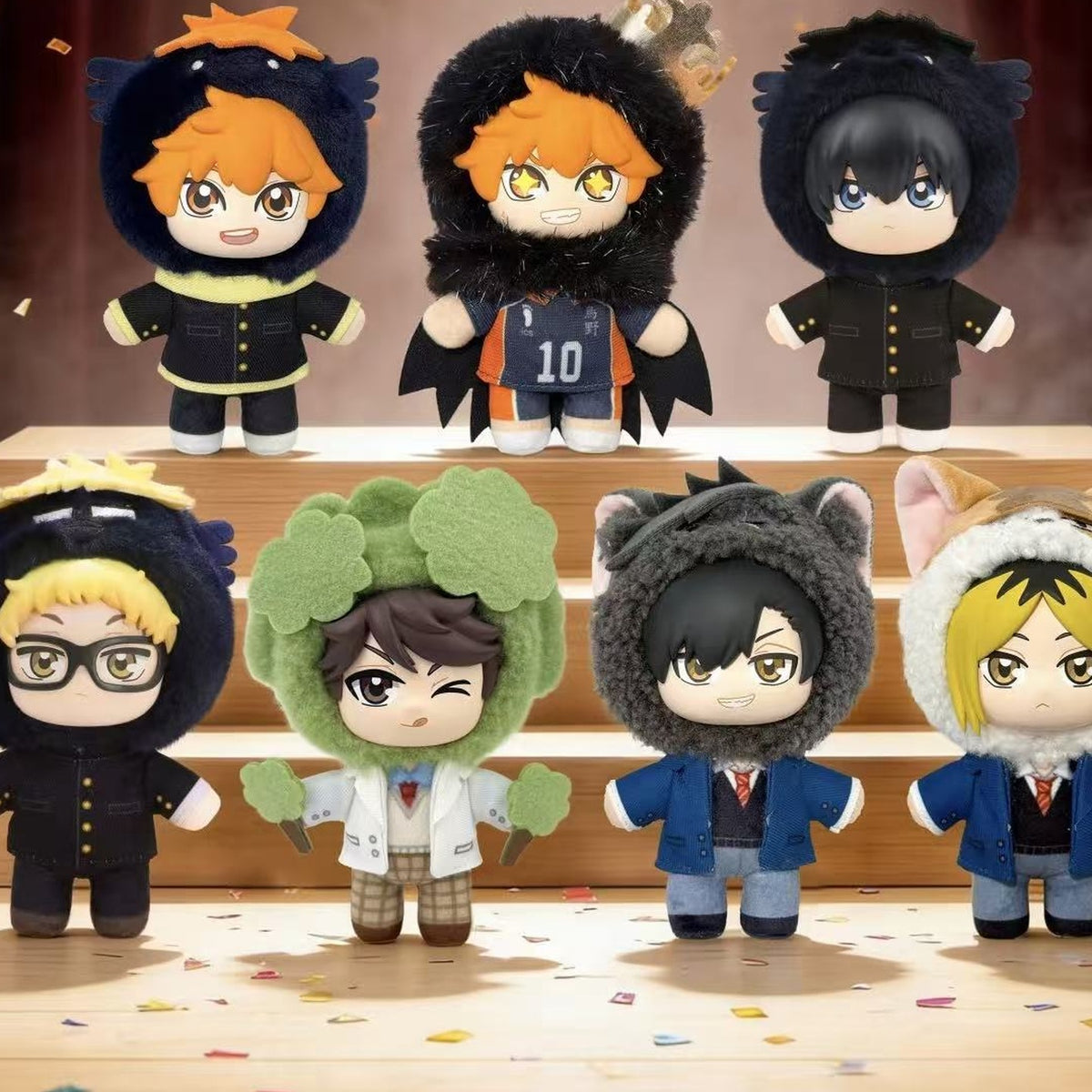 Haikyuu!! Mascot Series Plush Pendant Blind Box - Mascot comparison with complete central examples and cropped outer examples; random design not guaranteed