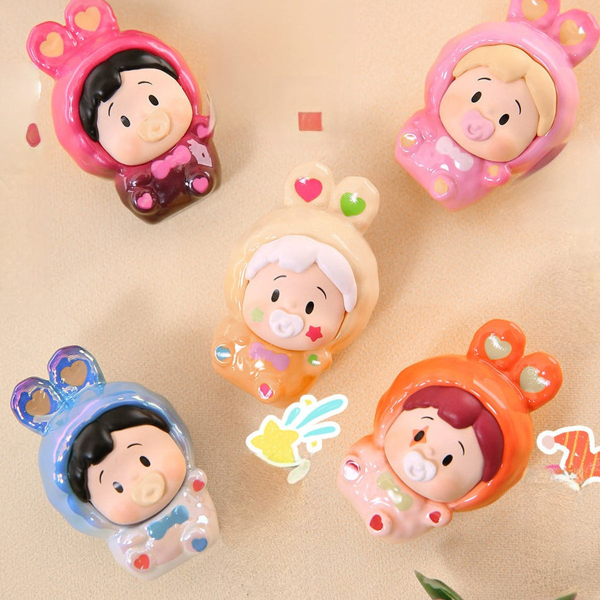HANAMAKI Rabbit Dot Series Mini Figure Blind Box - Series comparison with complete central mini figure examples and upper edge cropped; random design not guaranteed