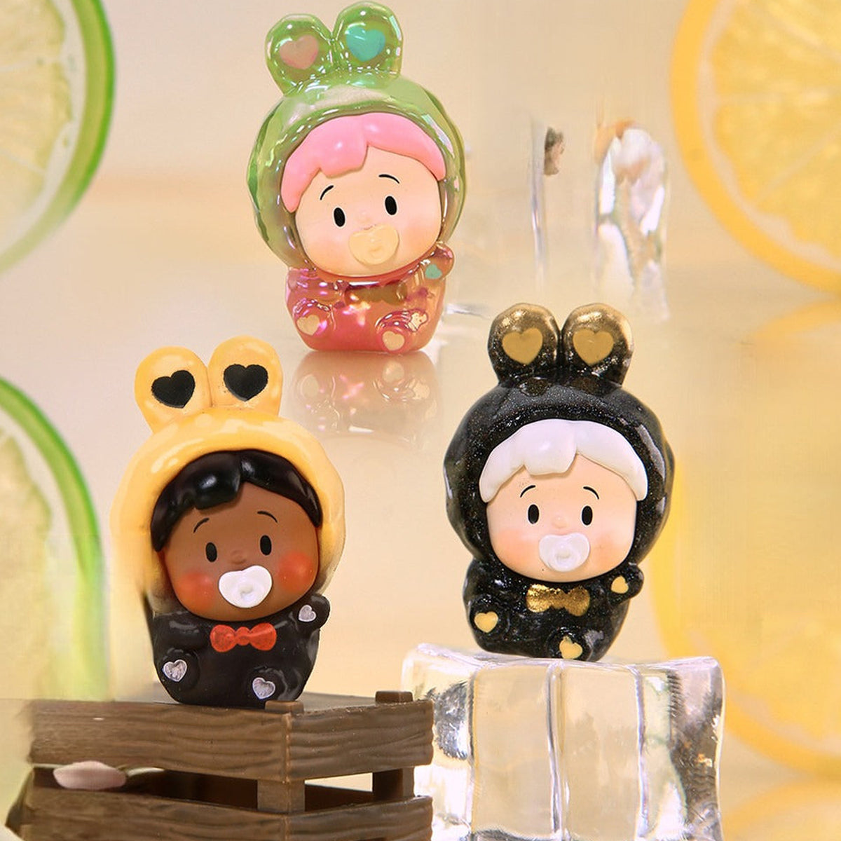 HANAMAKI Rabbit Dot Series Mini Figure Blind Box - Complete green yellow and black bunny-costume mini figures; random design not guaranteed