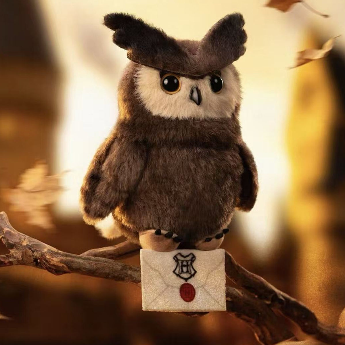 Harry Potter Owl Plush Pendant blind box series - Eagle Owl dark brown secret design example with Hogwarts letter; secret not guaranteed