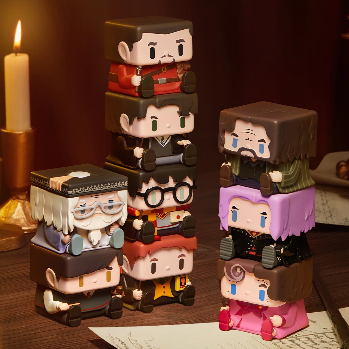 Harry Potter POP CUBE-1 series design reference showing possible figures in a display arrangement; one random figure per box