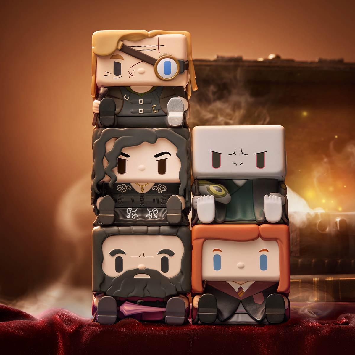 Grouped POP CUBE-2 design examples in a stacked collector scene; one random figure supplied, not the group