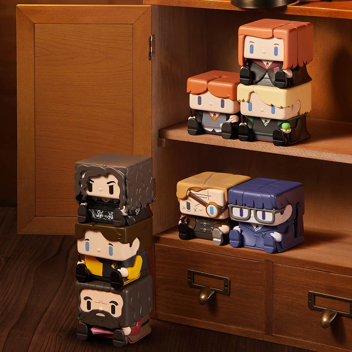 Multiple POP CUBE-2 design examples displayed on wooden shelves; not a guaranteed set
