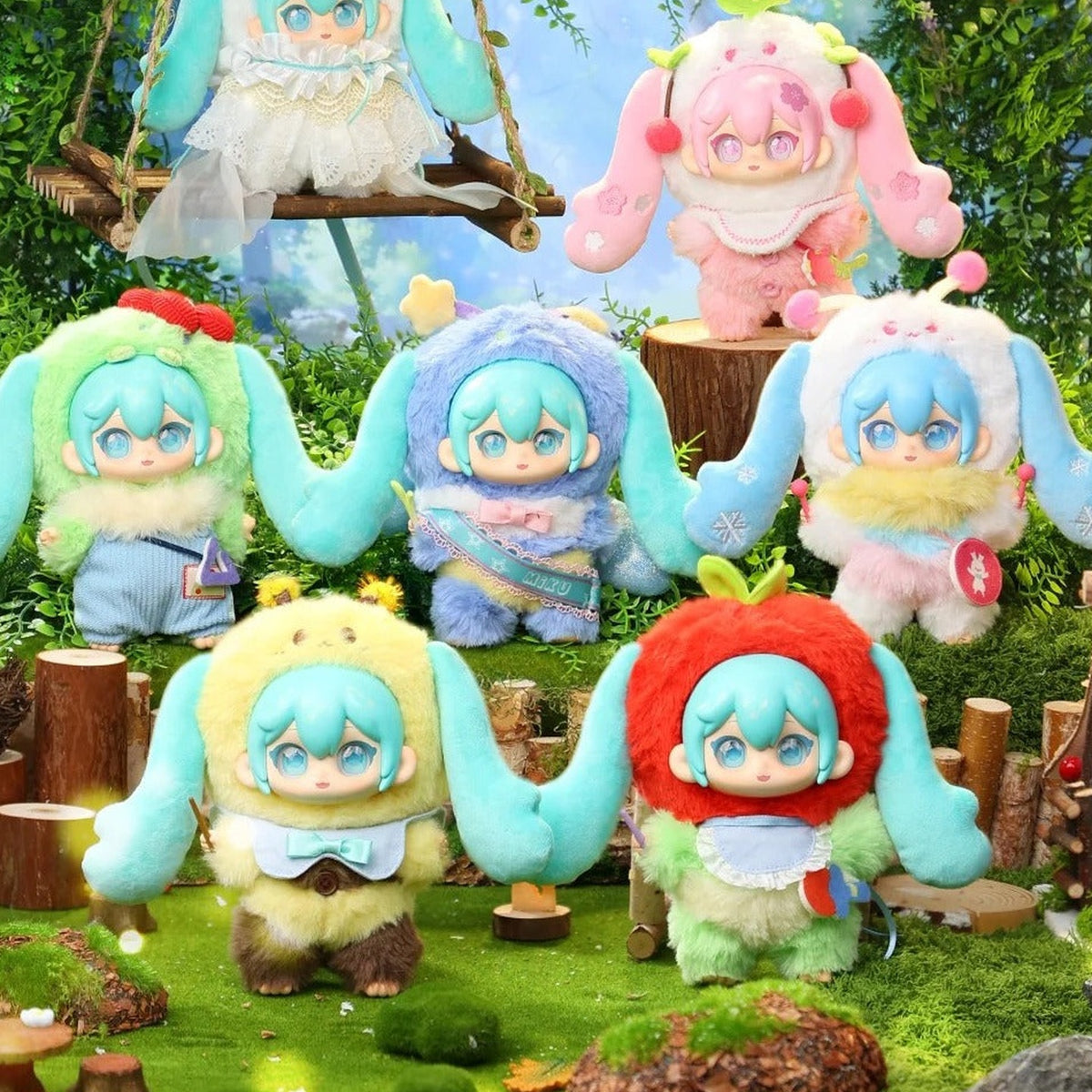 Hatsune Miku Forest Concert Series Plush Blind Box - Series comparison with complete central and foreground plush doll examples; random design not guaranteed