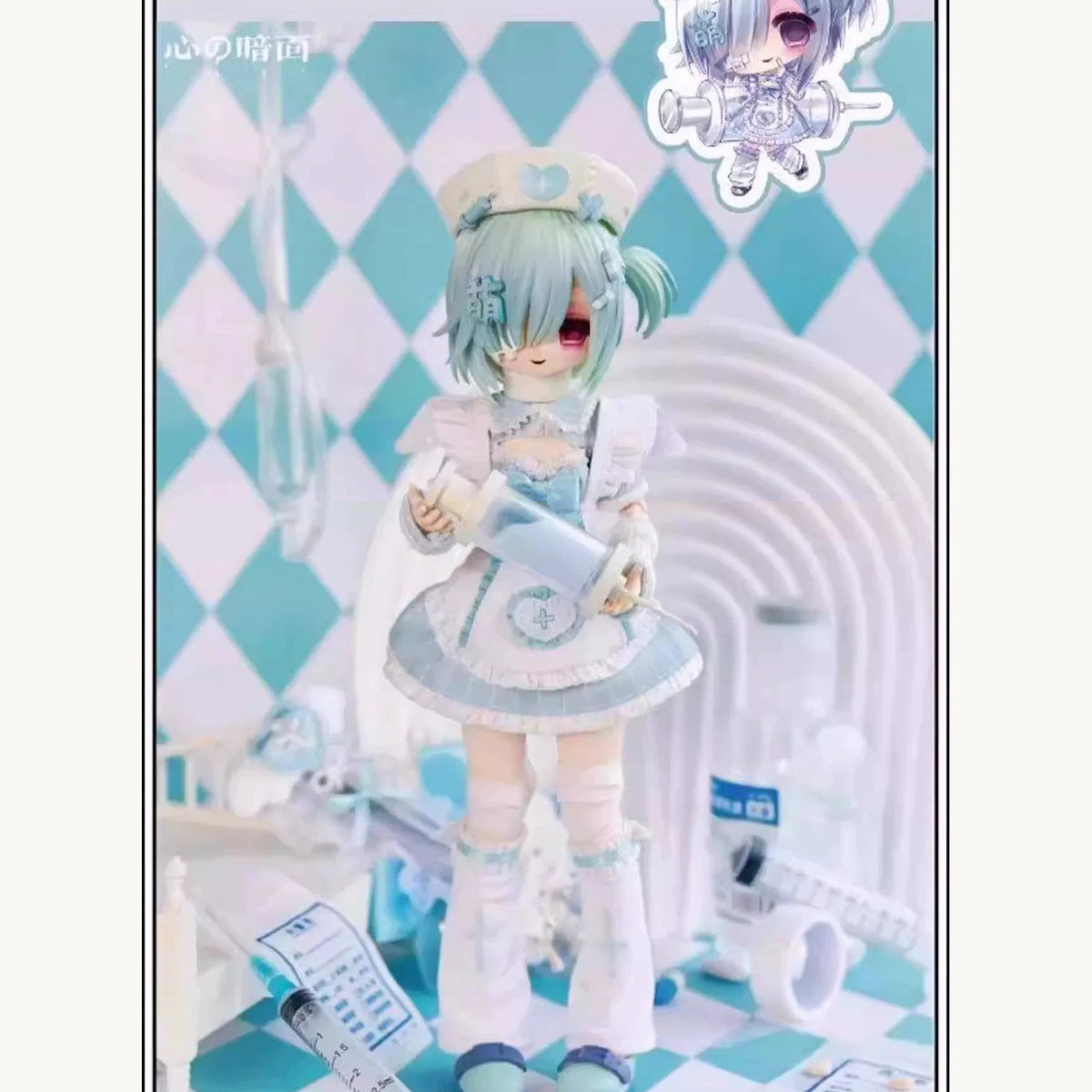 Heart of Darkness mint-haired doll in blue and white nurse-themed outfit holding an oversized syringe prop; design example only, not selectable