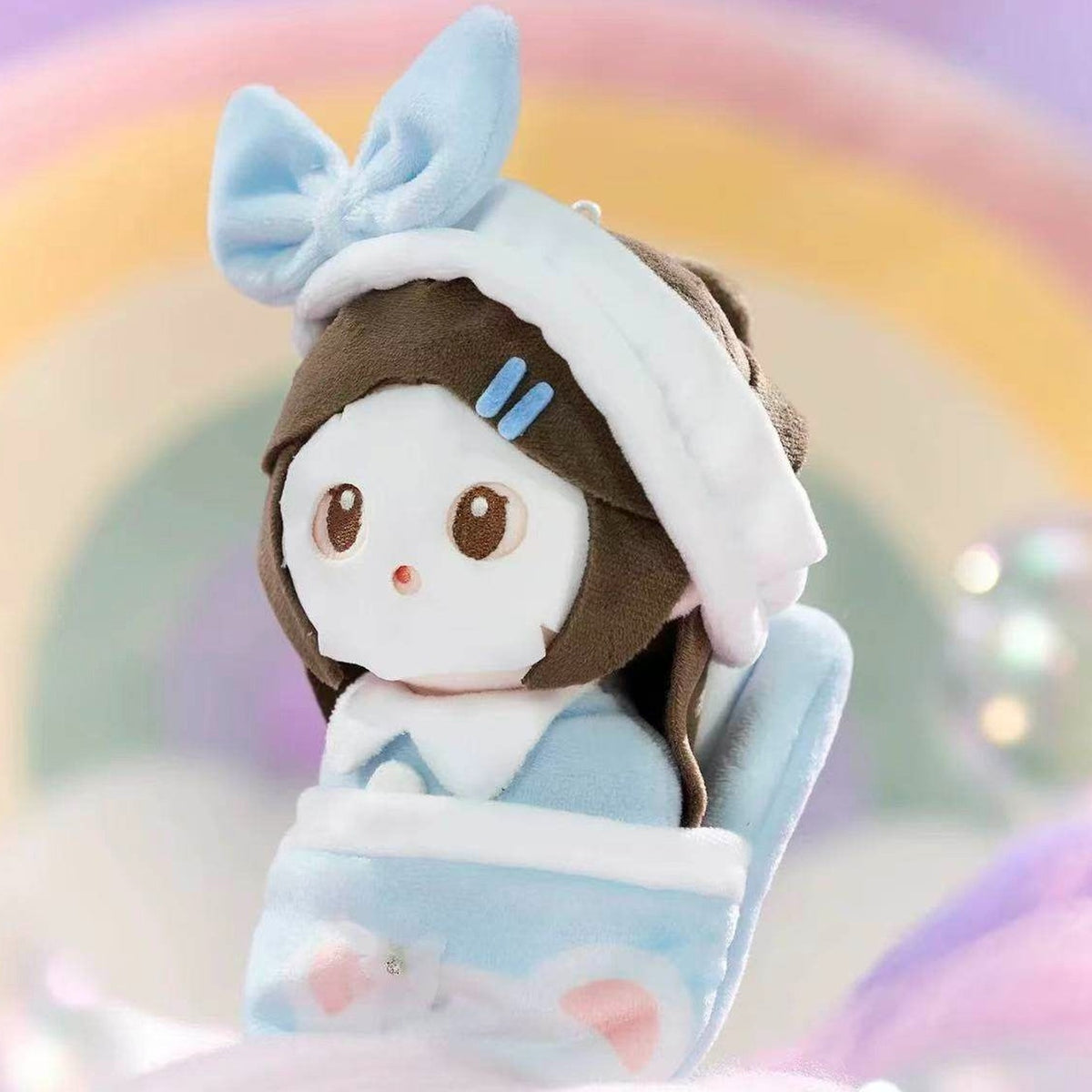 Heaven Official Blessing Fluffy Sweet Dream Series Plush Pendant Blind Box - Blue bow bath-wrap plush pendant detail with lower wrap at image edge; display props not included; random design not guaranteed