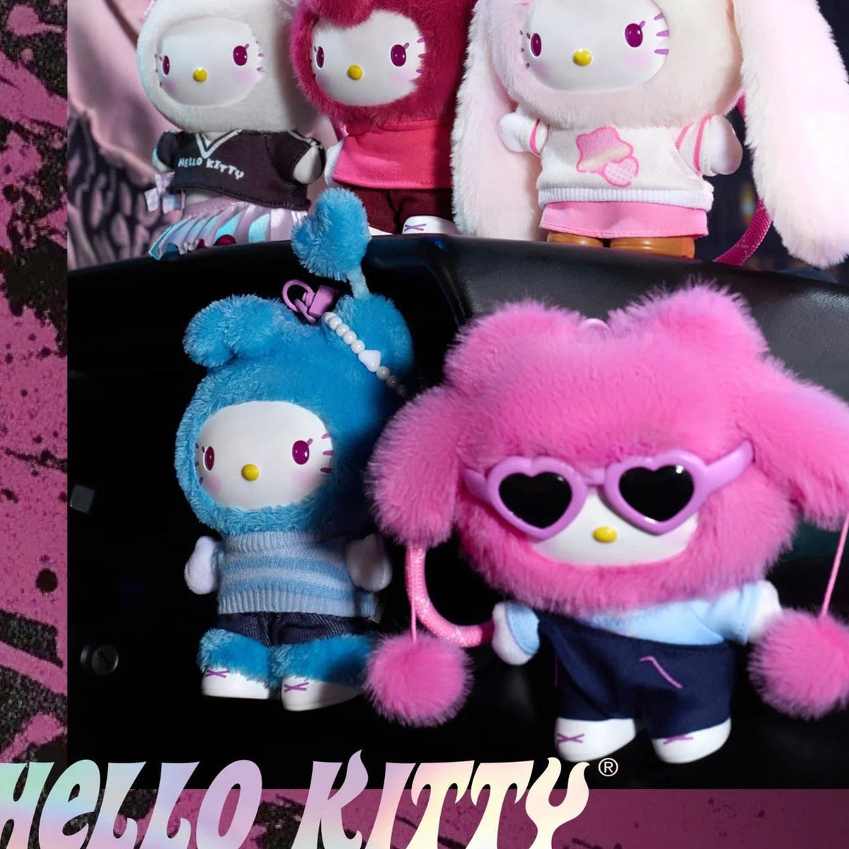 HELL0 KITTY Pop Star Series Plush Pendant, Blind Box - Series overview with complete foreground Hello Kitty plush pendant examples and upper examples cropped; display props not included; random design not guaranteed