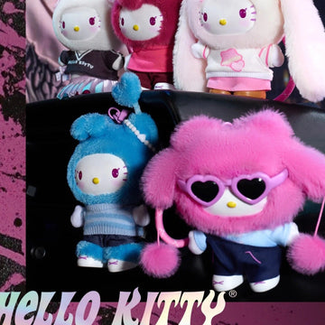 HELL0 KITTY Pop Star Series Plush Pendant, Blind Box - Series overview with complete foreground Hello Kitty plush pendant examples and upper examples cropped; display props not included; random design not guaranteed