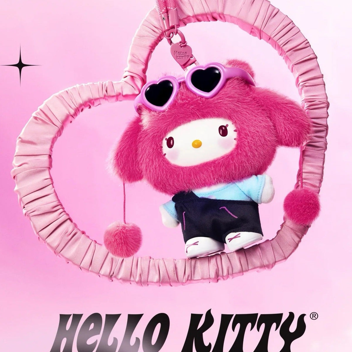 HELL0 KITTY Pop Star Series Plush Pendant, Blind Box - Complete pink Hello Kitty plush pendant body with upper fur slightly at edge; heart display frame not included; random design not guaranteed