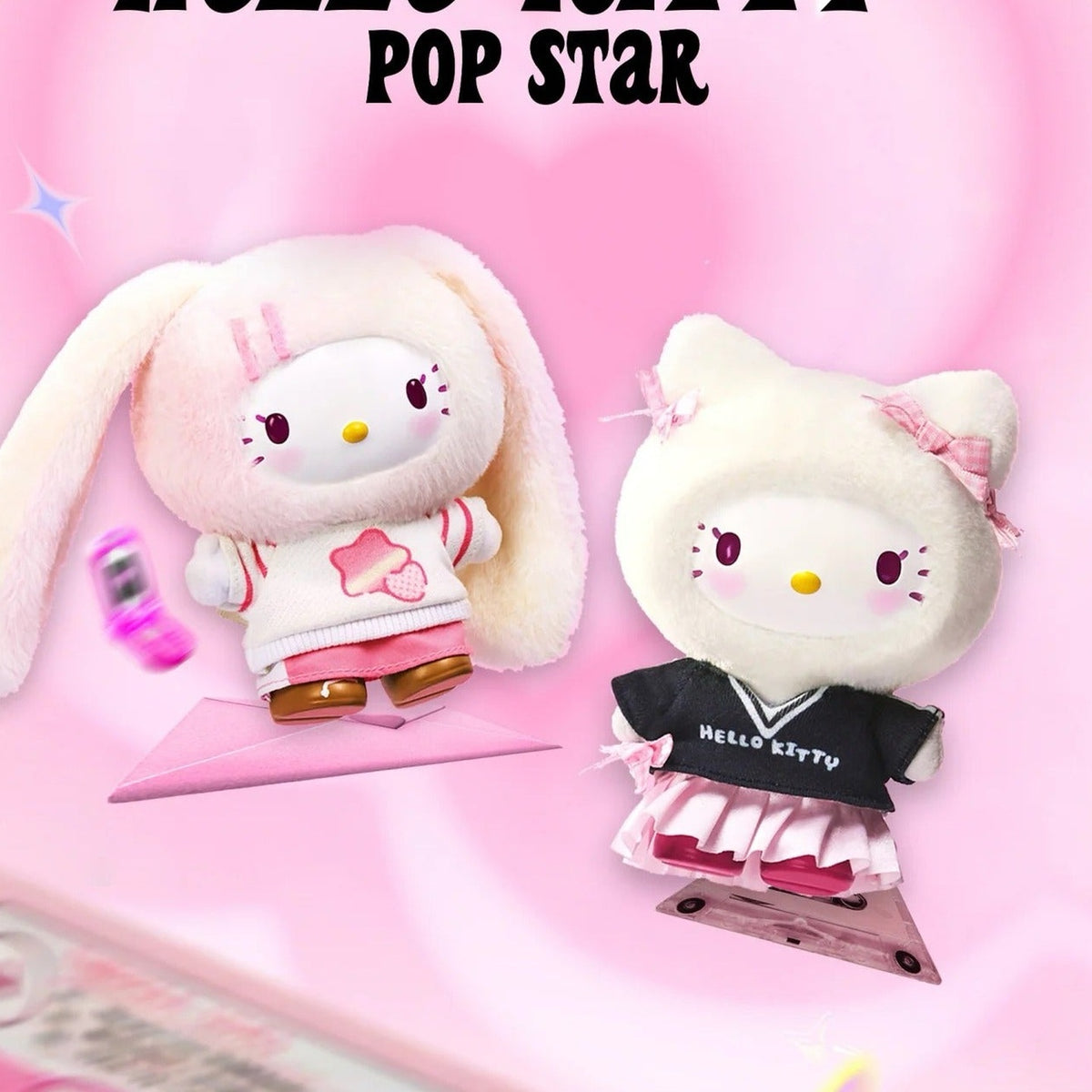 HELL0 KITTY Pop Star Series Plush Pendant, Blind Box - Two complete white Hello Kitty plush pendant examples; display platform not included; random design not guaranteed