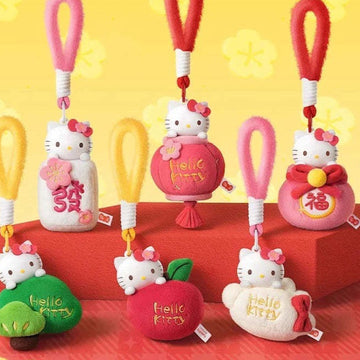 Hello KT New Year Series Plush Pendant Dolls Blind Box - Series overview with complete central Hello Kitty plush pendant examples; outer example and upper straps cropped; display props not included; random design not guaranteed